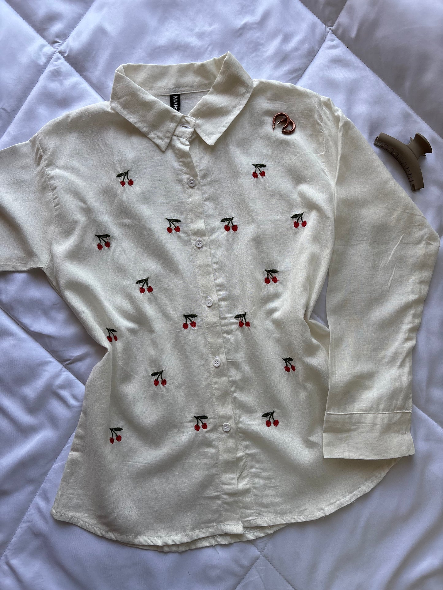 Cherry Embroidery White Shirt