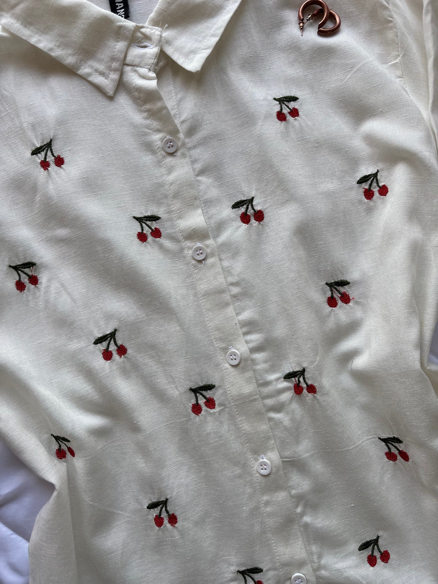 Cherry Embroidery White Shirt