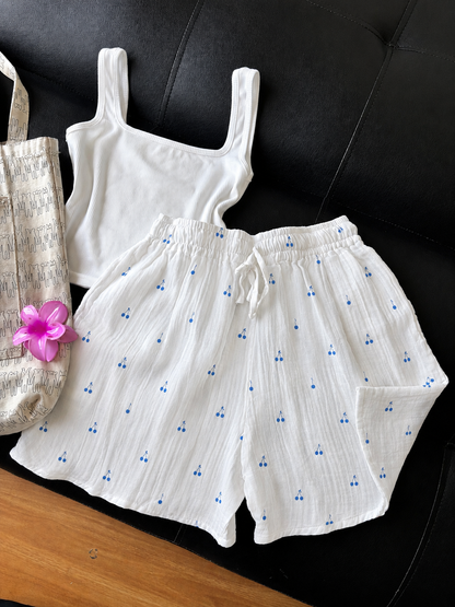 White Cherry Mul Cotton Shorts