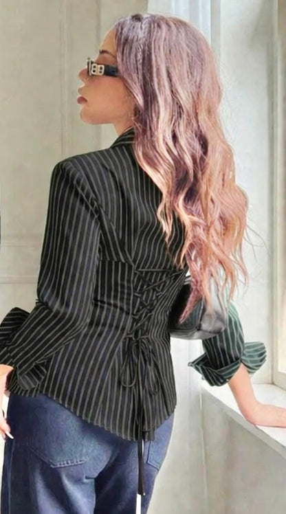 Black & Grey Striped Fitted Shirt (Corset back)