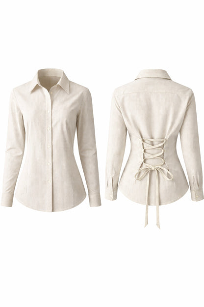 Beige & White Striped Fitted Shirt (Corset back)