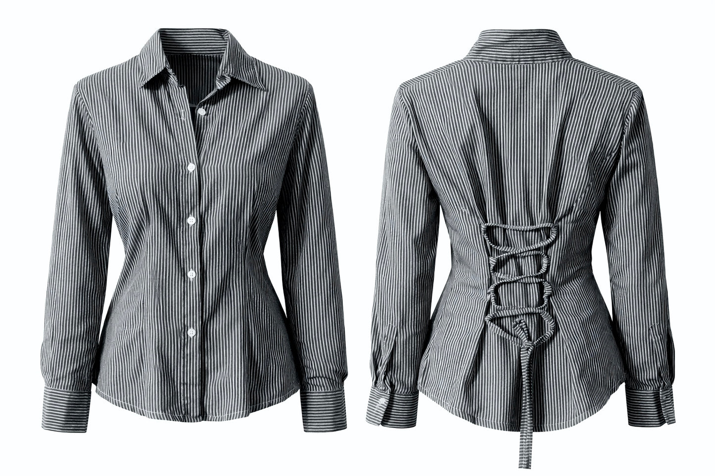 Black & Grey Striped Fitted Shirt (Corset back)