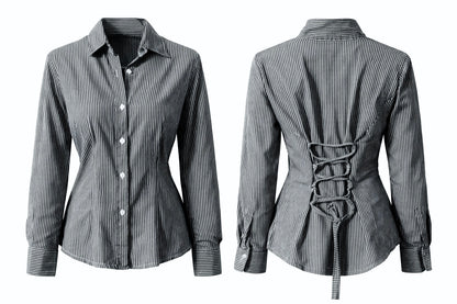 Black & Grey Striped Fitted Shirt (Corset back)