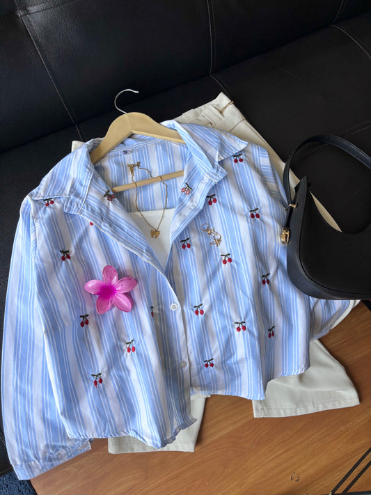 Blue Cherry Embroidery Shirt