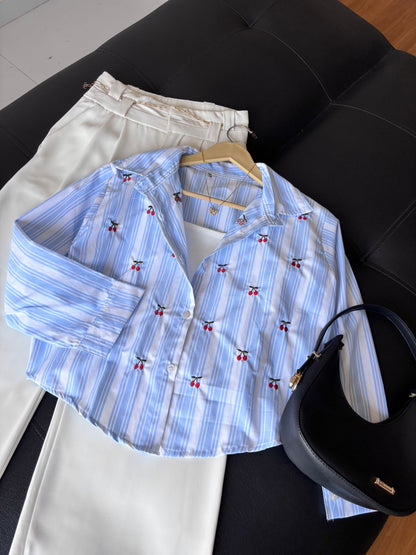 Blue Cherry Embroidery Shirt