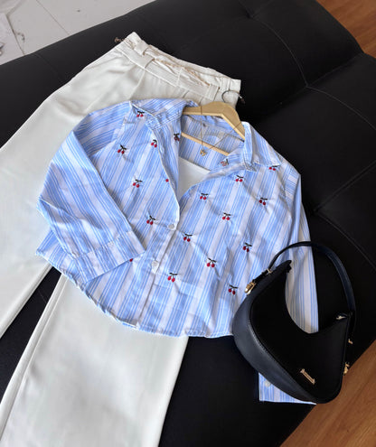 Blue Cherry Embroidery Shirt