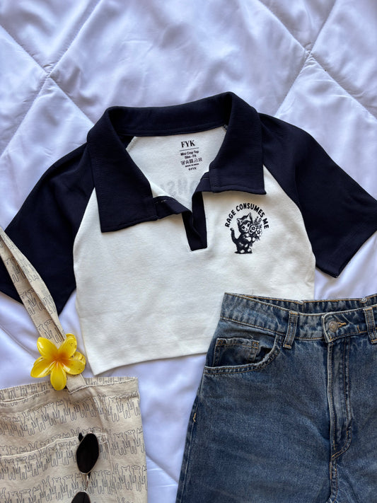 Dark Blue Kitty Crop T-shirt