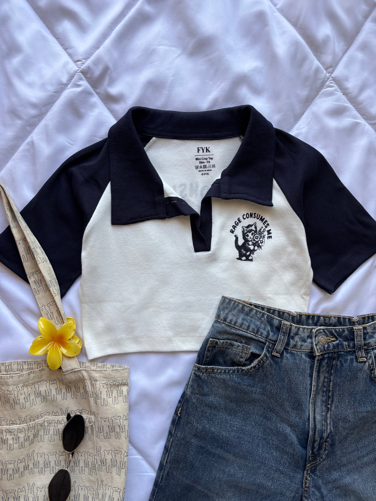 Dark Blue Kitty Crop T-shirt