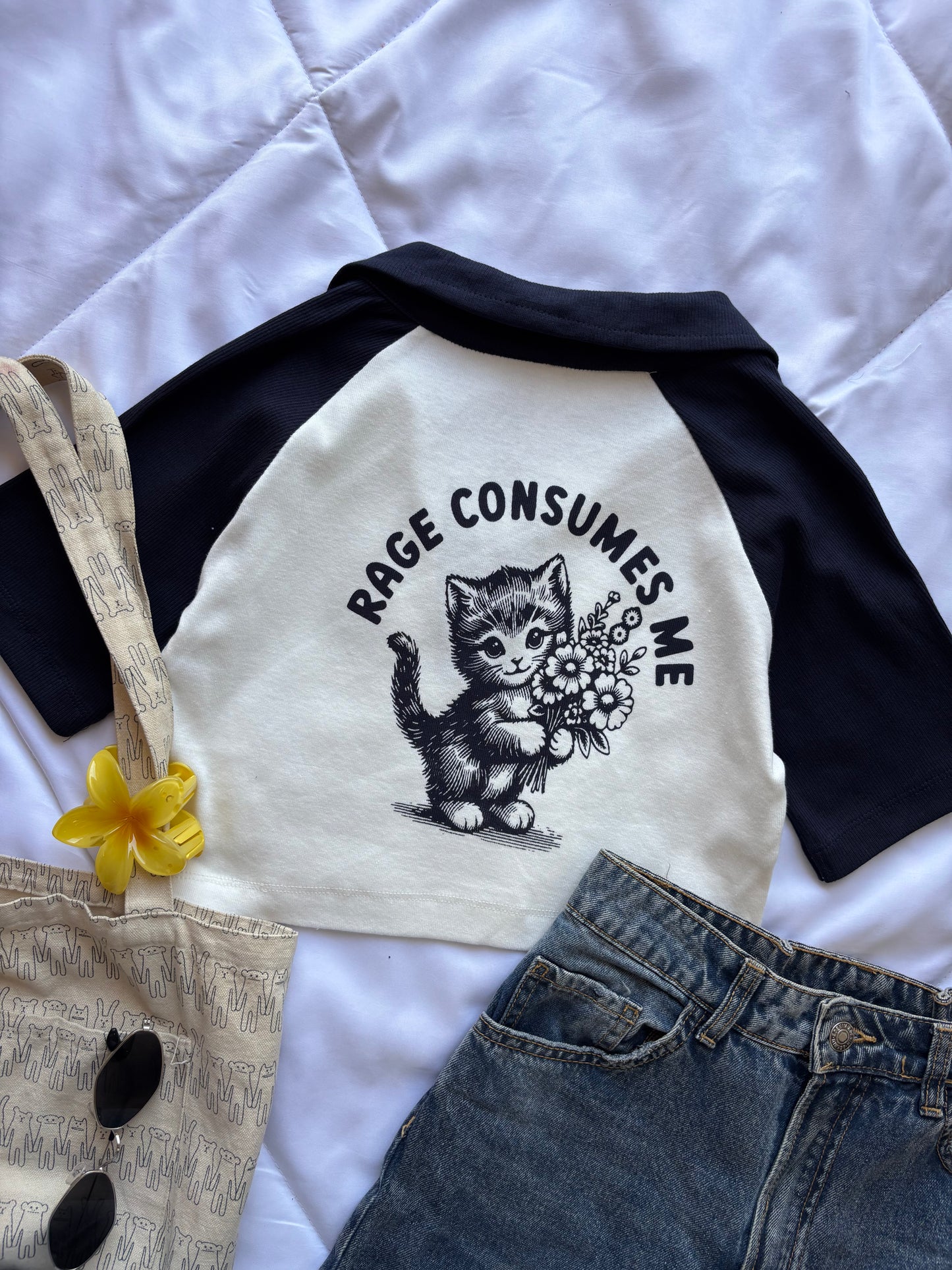 Dark Blue Kitty Crop T-shirt