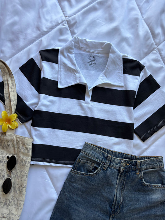 Black Striped Oversized Crop T-shirt
