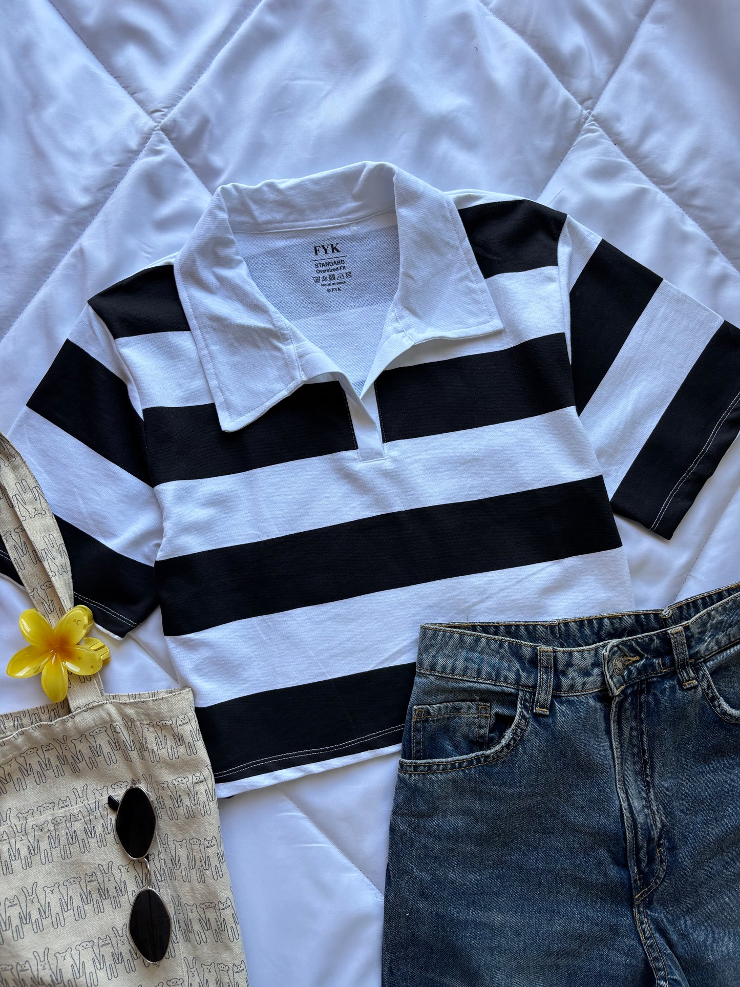 Black Striped Oversized Crop T-shirt