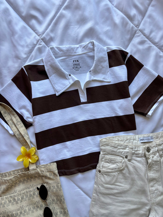 Brown Striped Oversized Crop T-shirt