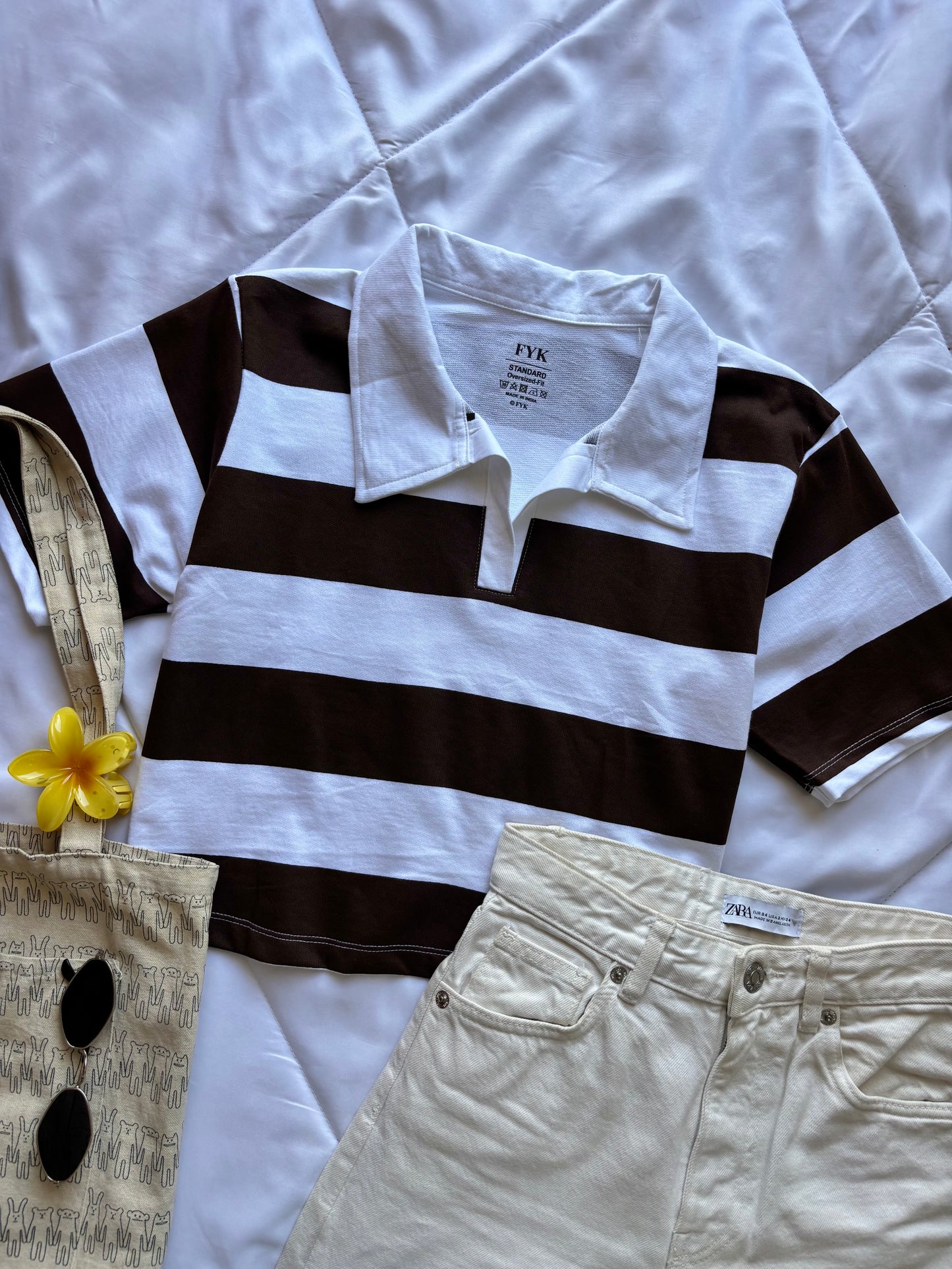 Brown Striped Oversized Crop T-shirt
