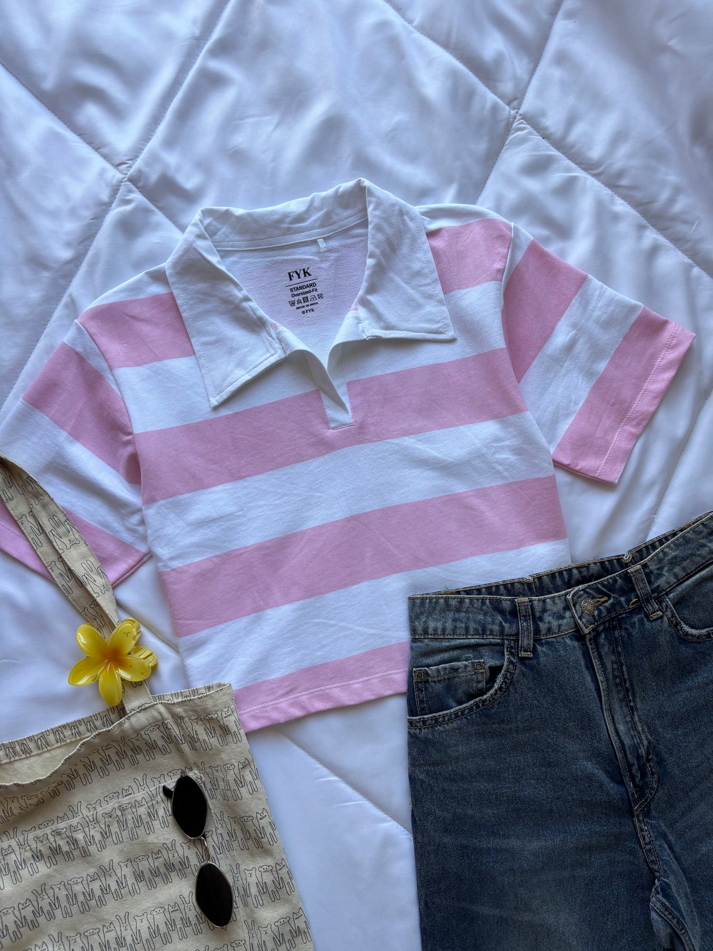 Baby pink Striped Oversized Crop T-shirt