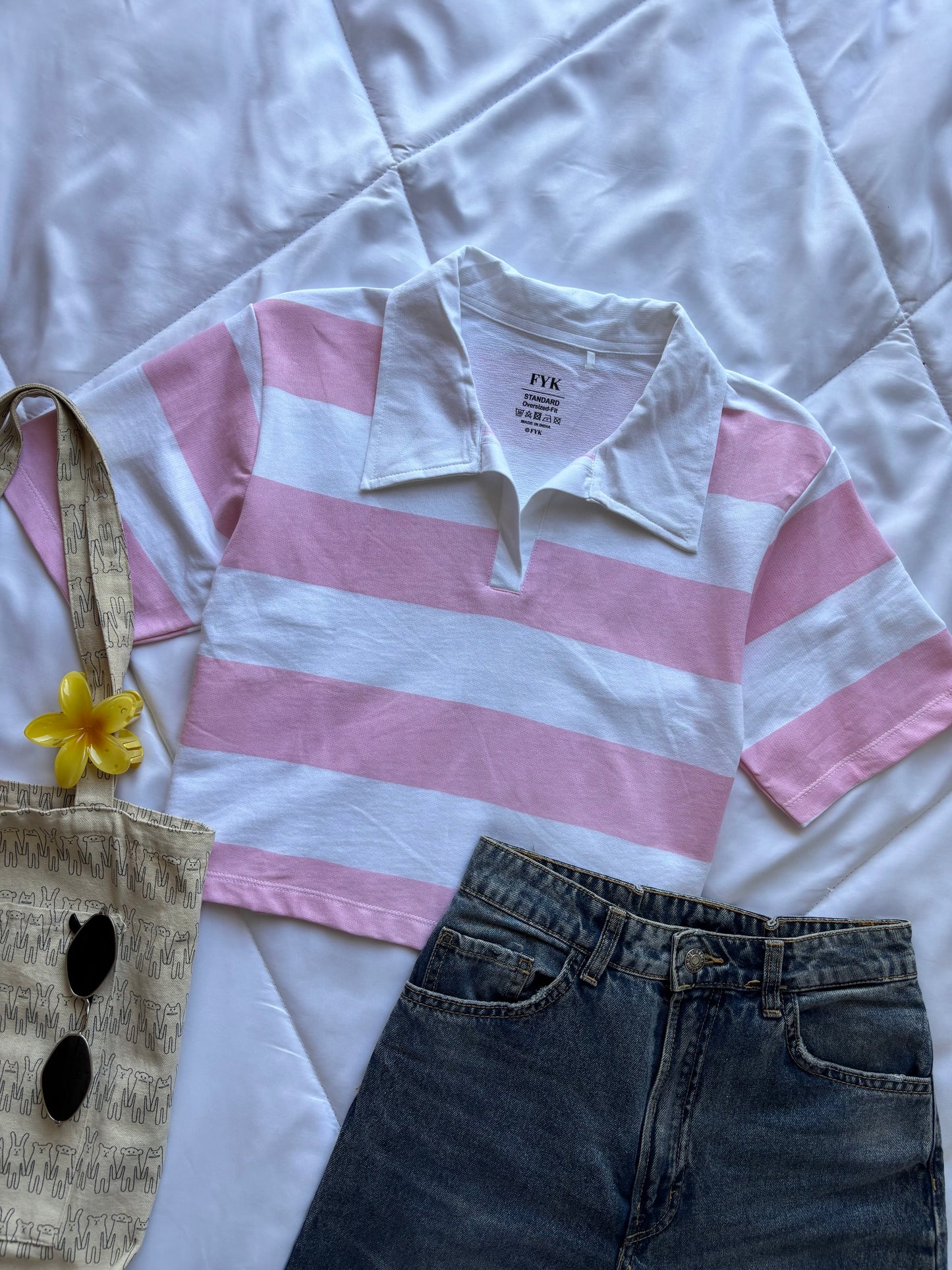 Baby pink Striped Oversized Crop T-shirt