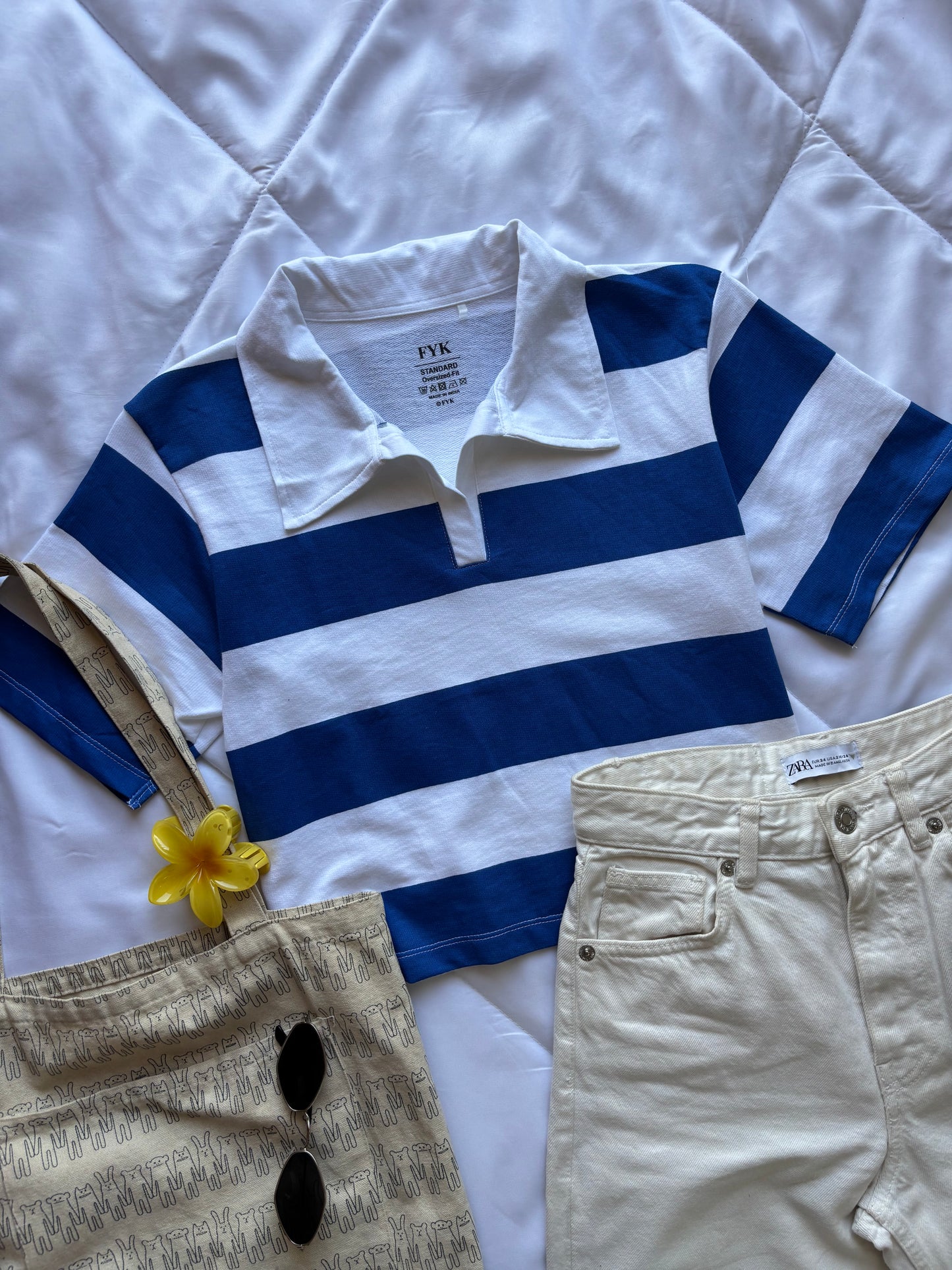 Blue Striped Oversized Crop T-shirt