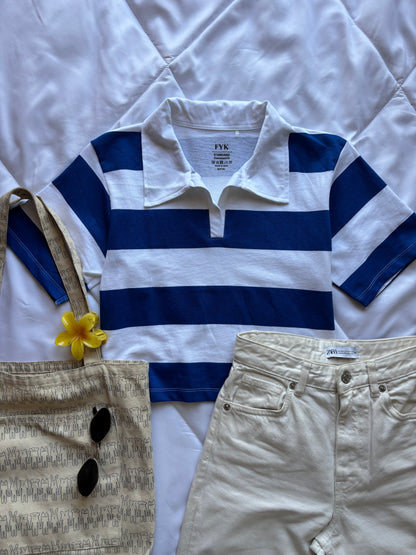 Blue Striped Oversized Crop T-shirt