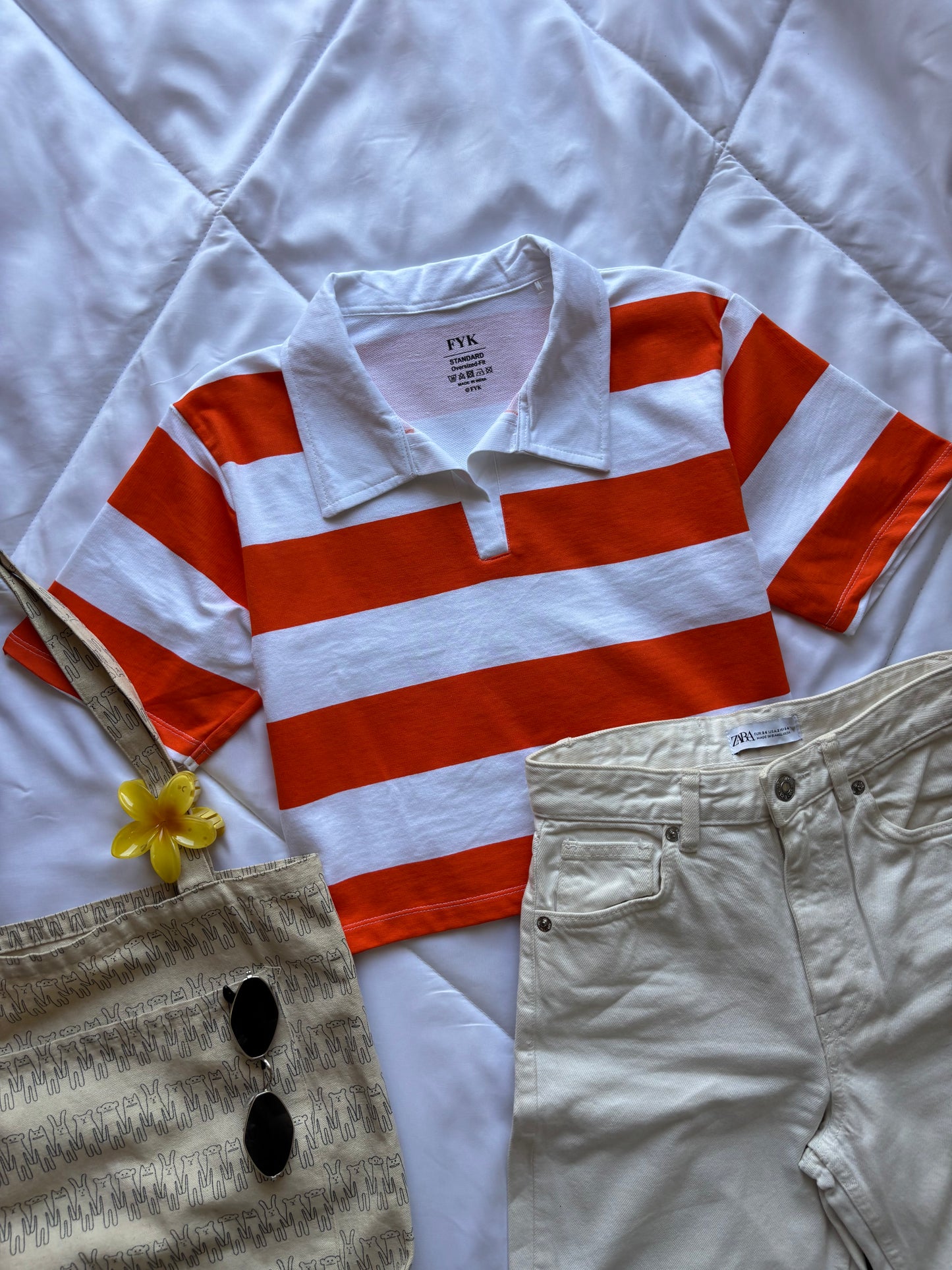 Orange Striped Oversized Crop T-shirt