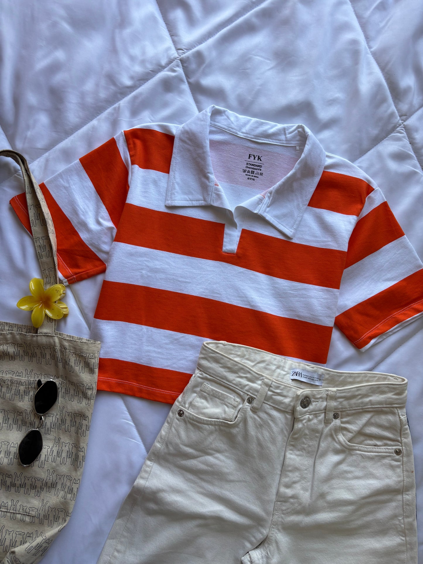 Orange Striped Oversized Crop T-shirt