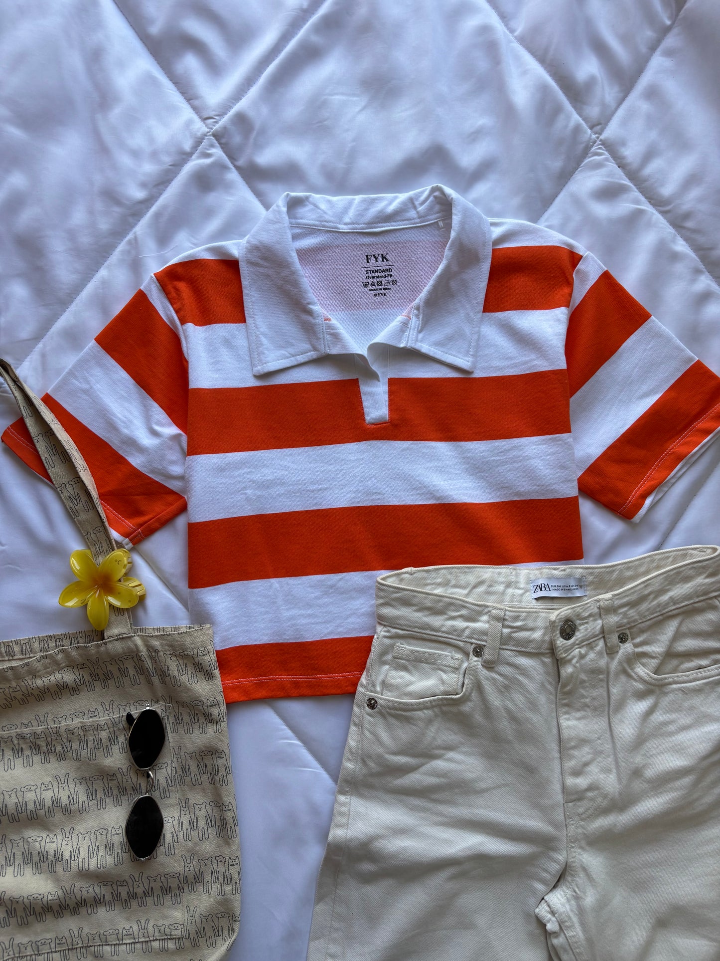 Orange Striped Oversized Crop T-shirt