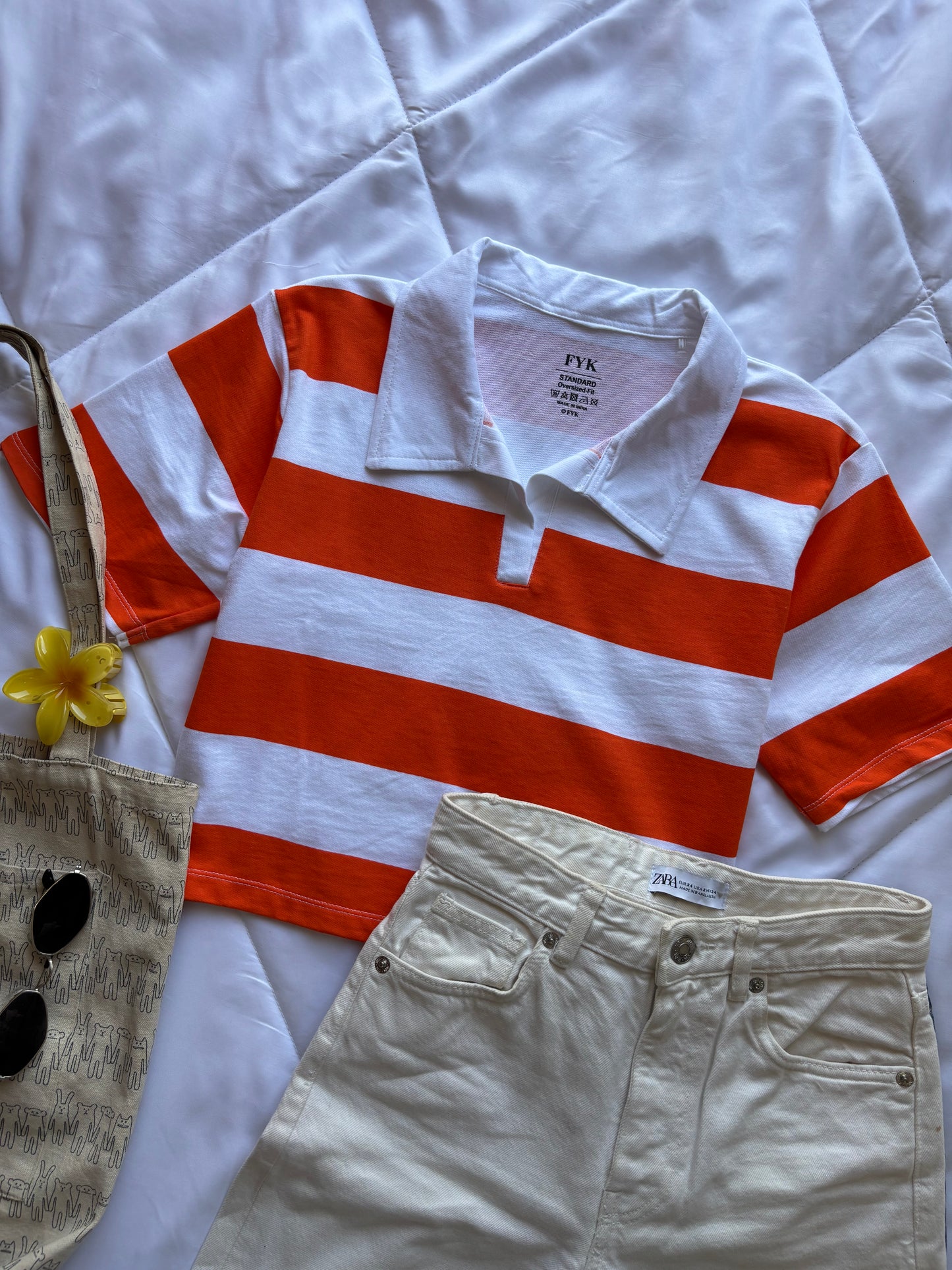 Orange Striped Oversized Crop T-shirt