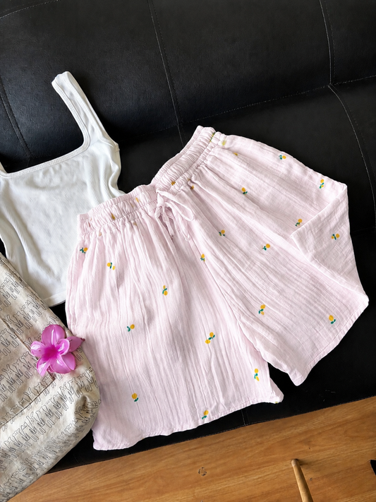 Baby Pink Lemon Mul Cotton Shorts