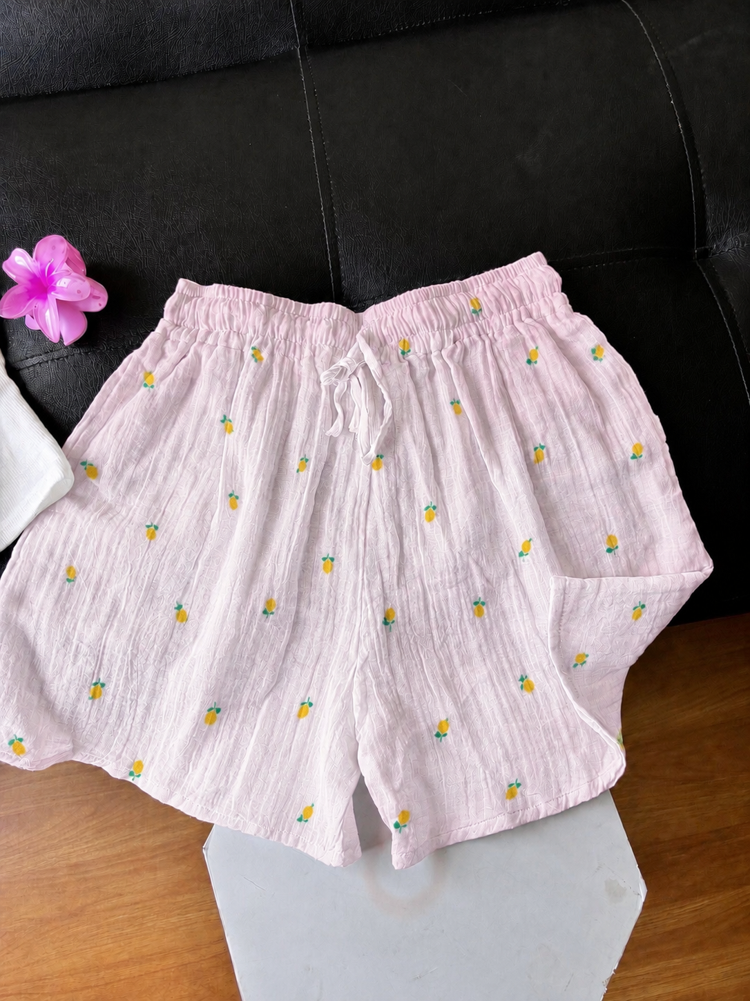 Baby Pink Lemon Mul Cotton Shorts