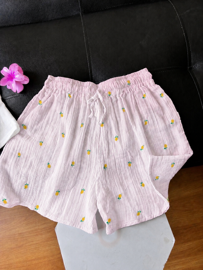 Baby Pink Lemon Mul Cotton Shorts