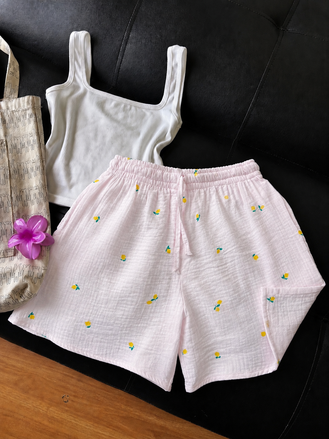 Baby Pink Lemon Mul Cotton Shorts