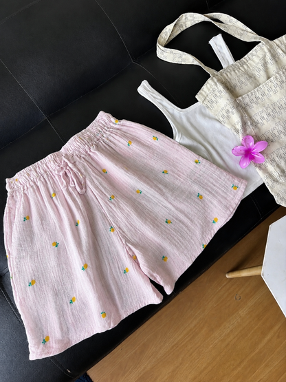 Baby Pink Lemon Mul Cotton Shorts