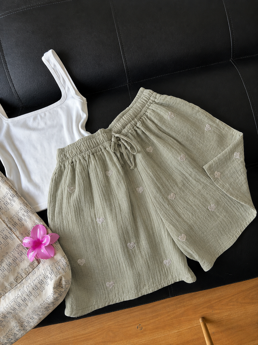 Sage Green Embroidered Heart Mul Cotton Shorts