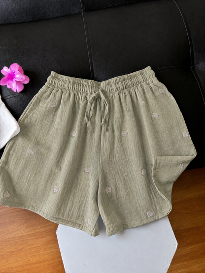 Sage Green Embroidered Heart Mul Cotton Shorts