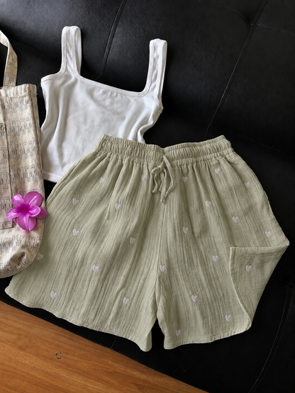 Sage Green Embroidered Heart Mul Cotton Shorts