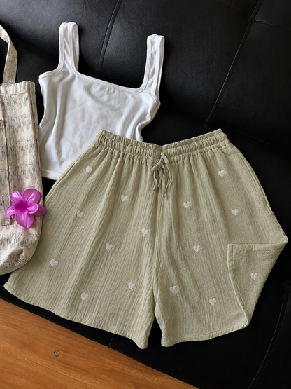 Sage Green Embroidered Heart Mul Cotton Shorts
