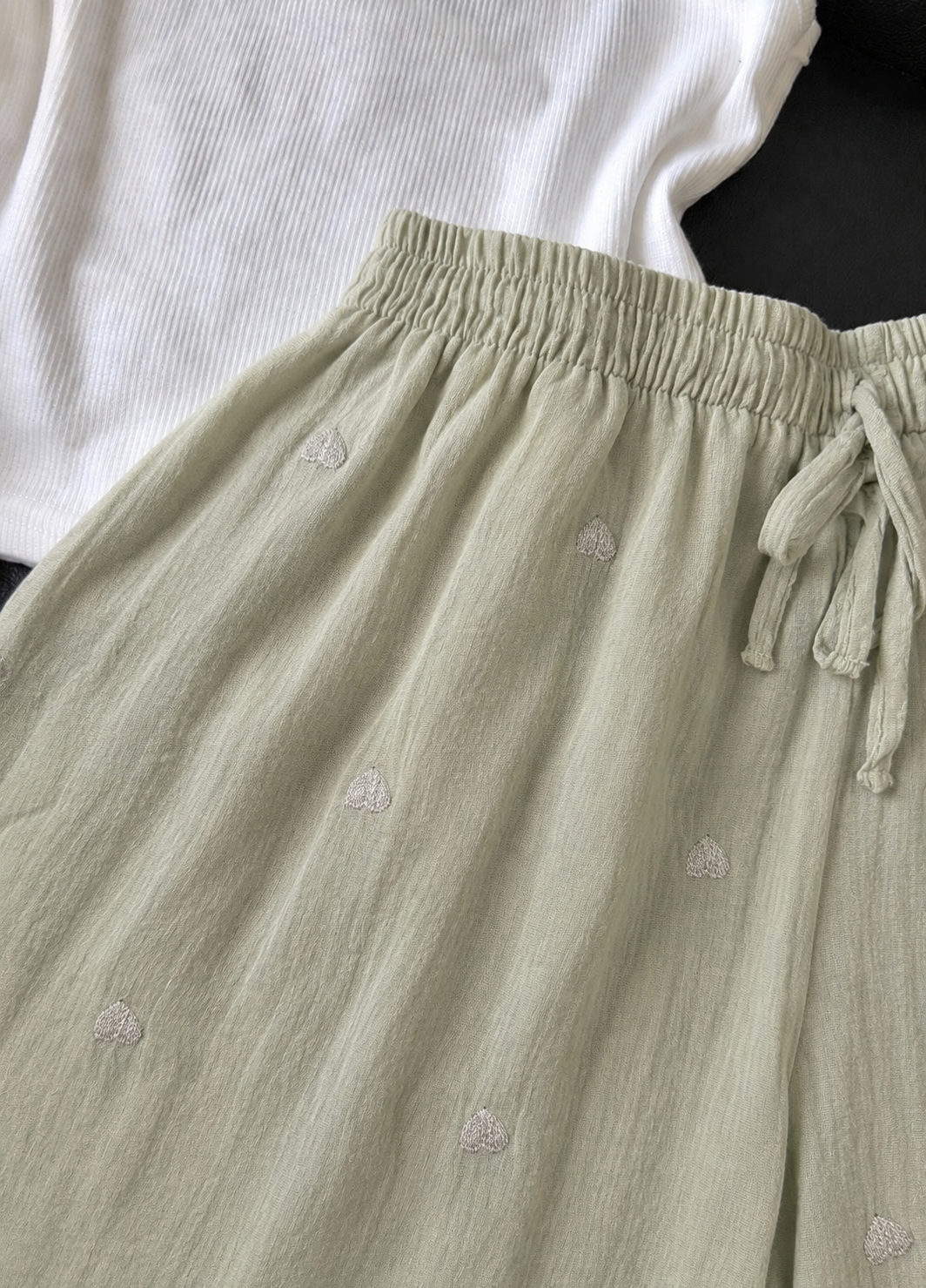 Sage Green Embroidered Heart Mul Cotton Shorts