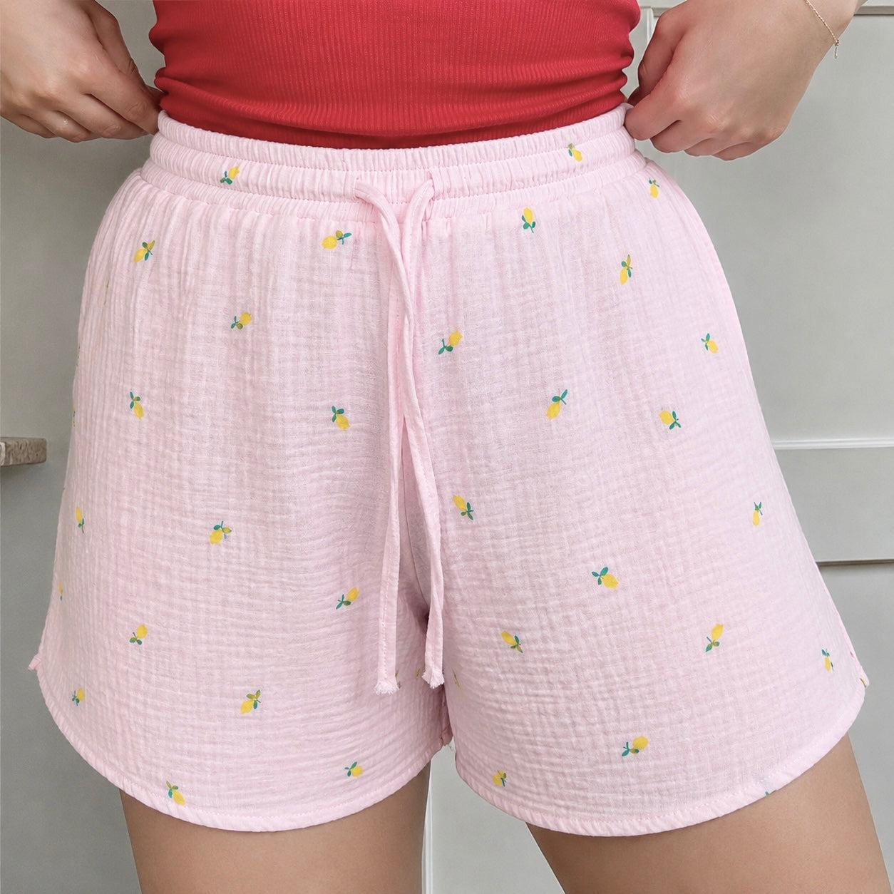 Baby Pink Lemon Mul Cotton Shorts