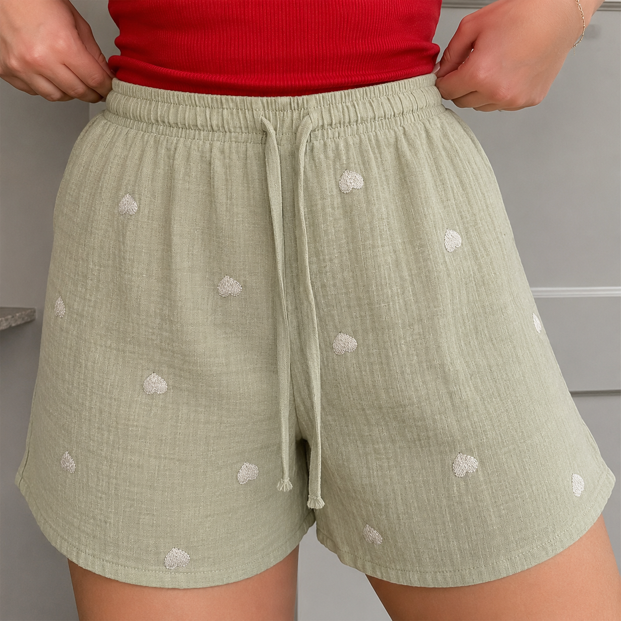 Sage Green Embroidered Heart Mul Cotton Shorts