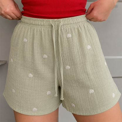 Sage Green Embroidered Heart Mul Cotton Shorts