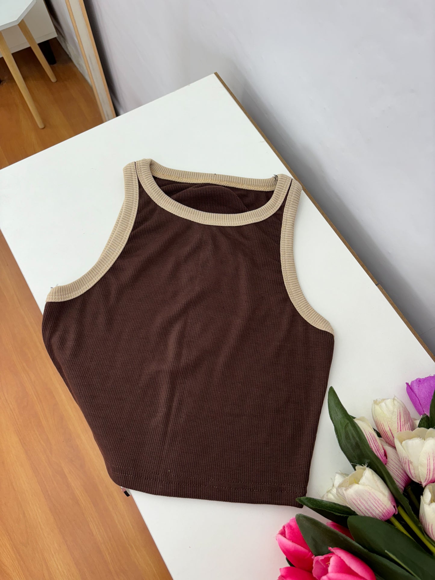 Brown Contrast Tank Top For Women