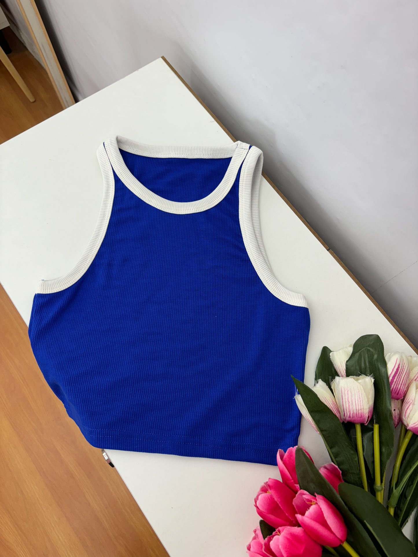 Blue Contrast Tank Top For Women