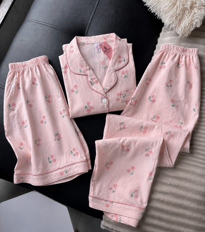 Pink Cherry 3 Piece Night Suit