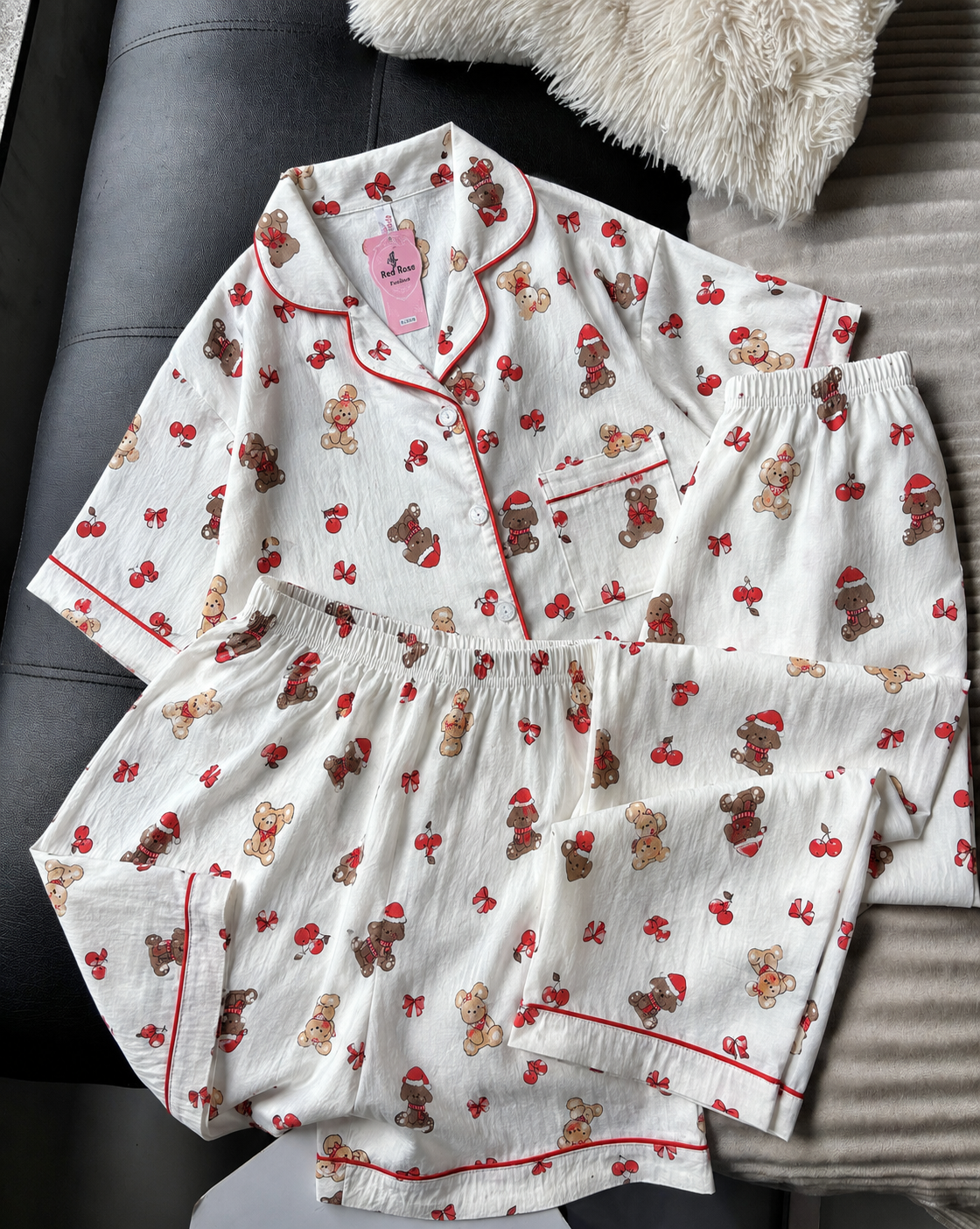 Cherry Teddy 3 Piece Night Suit