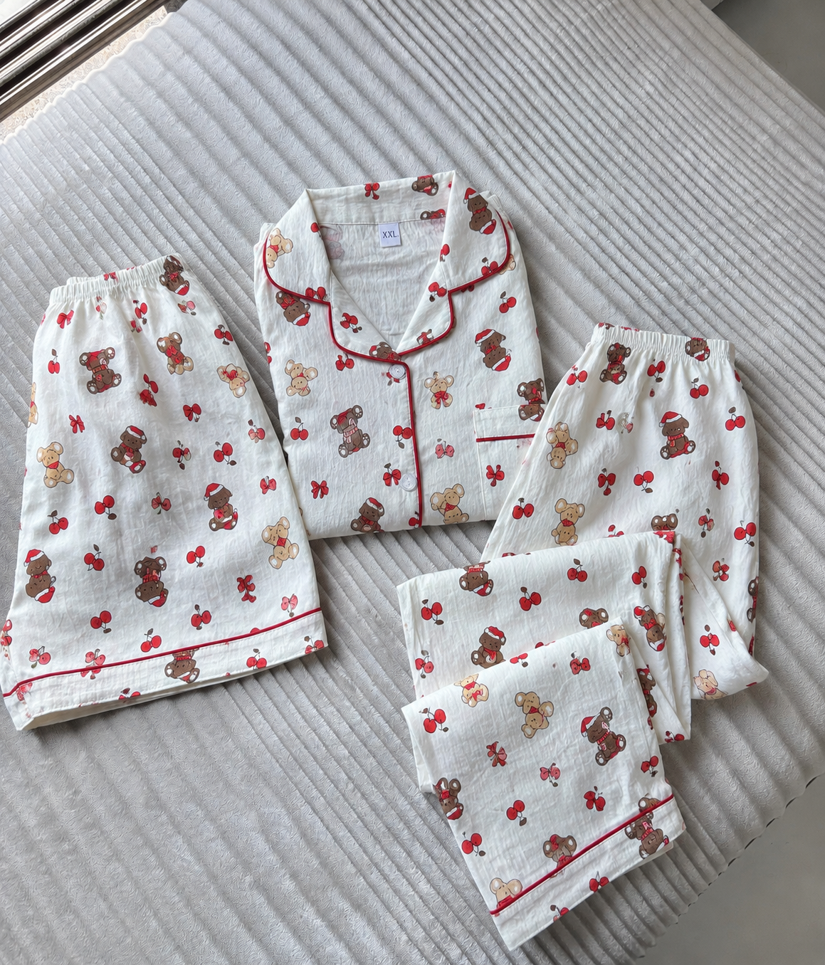 Cherry Teddy 3 Piece Night Suit