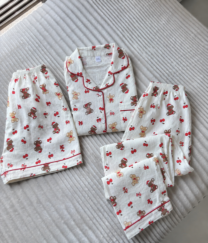 Cherry Teddy 3 Piece Night Suit