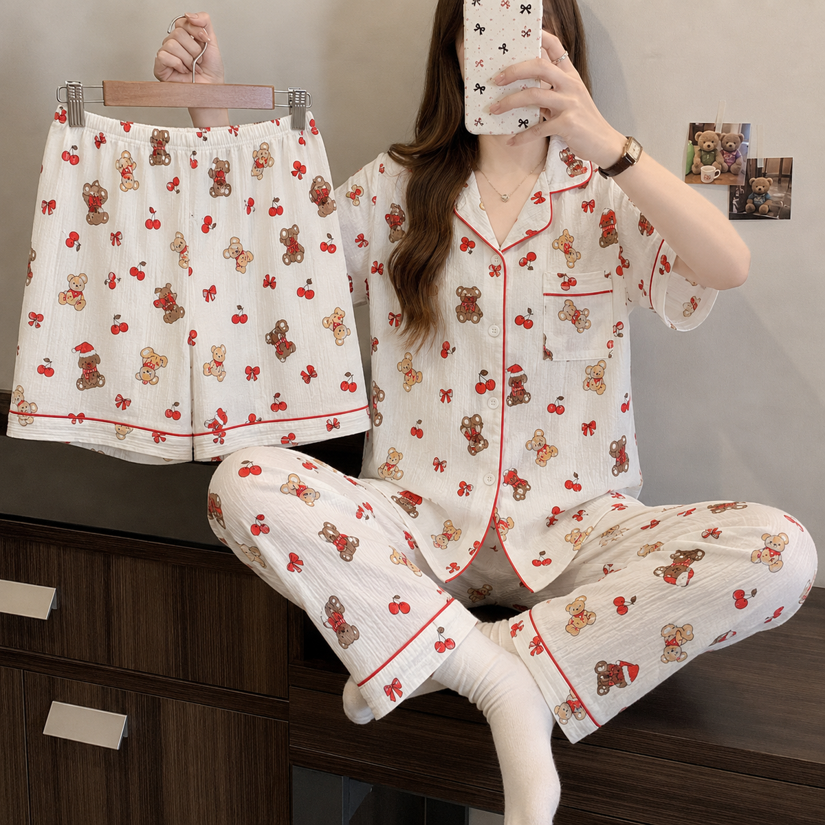 Cherry Teddy 3 Piece Night Suit