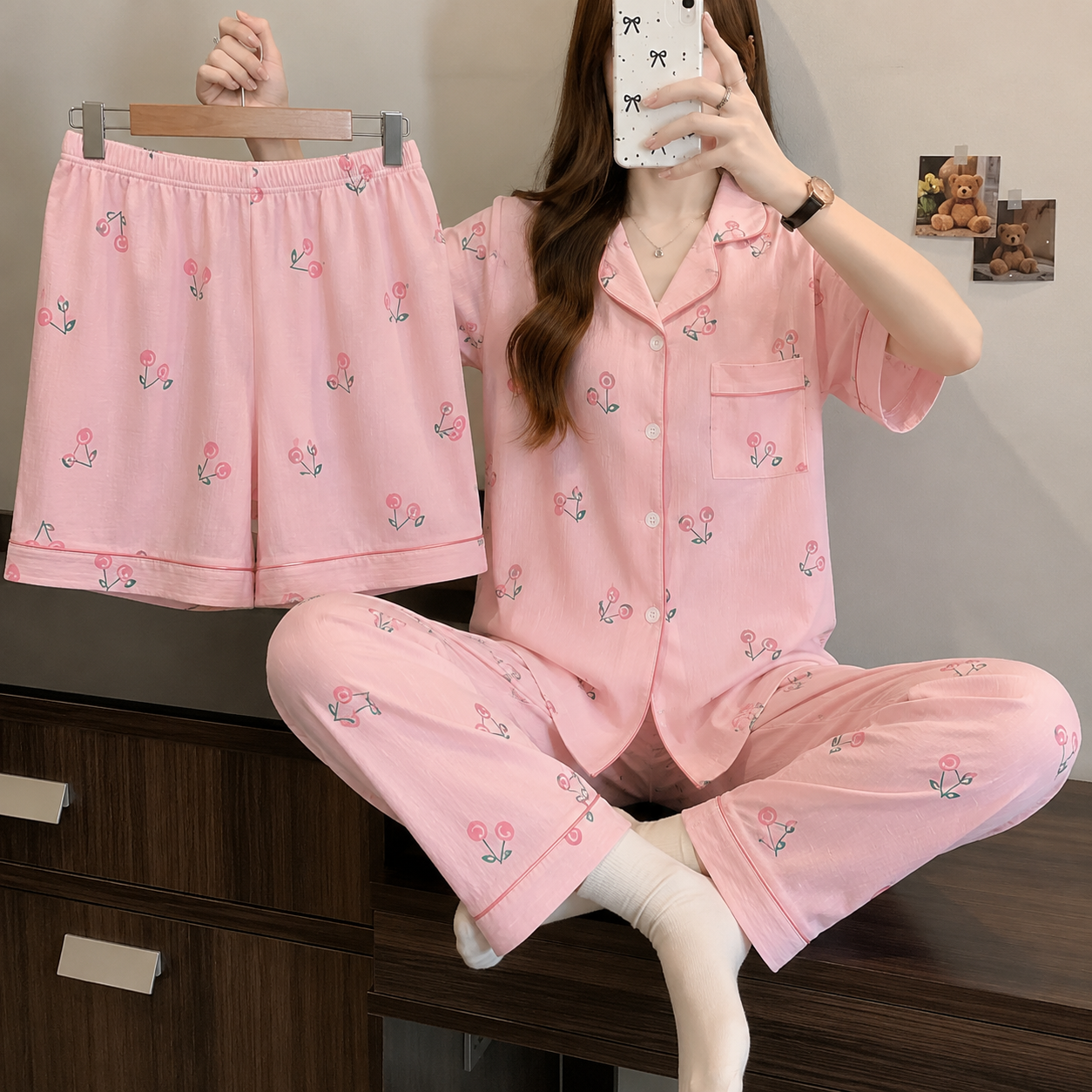 Pink Cherry 3 Piece Night Suit