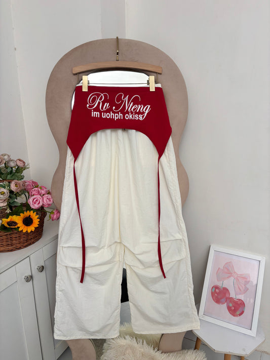 Off White Wide Leg Pants With Removable Belt
