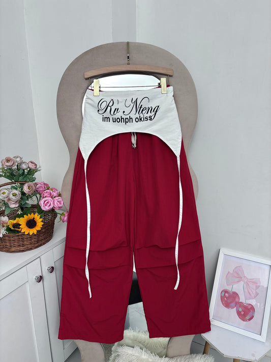 Red Wide Leg Pants With Removable Belt