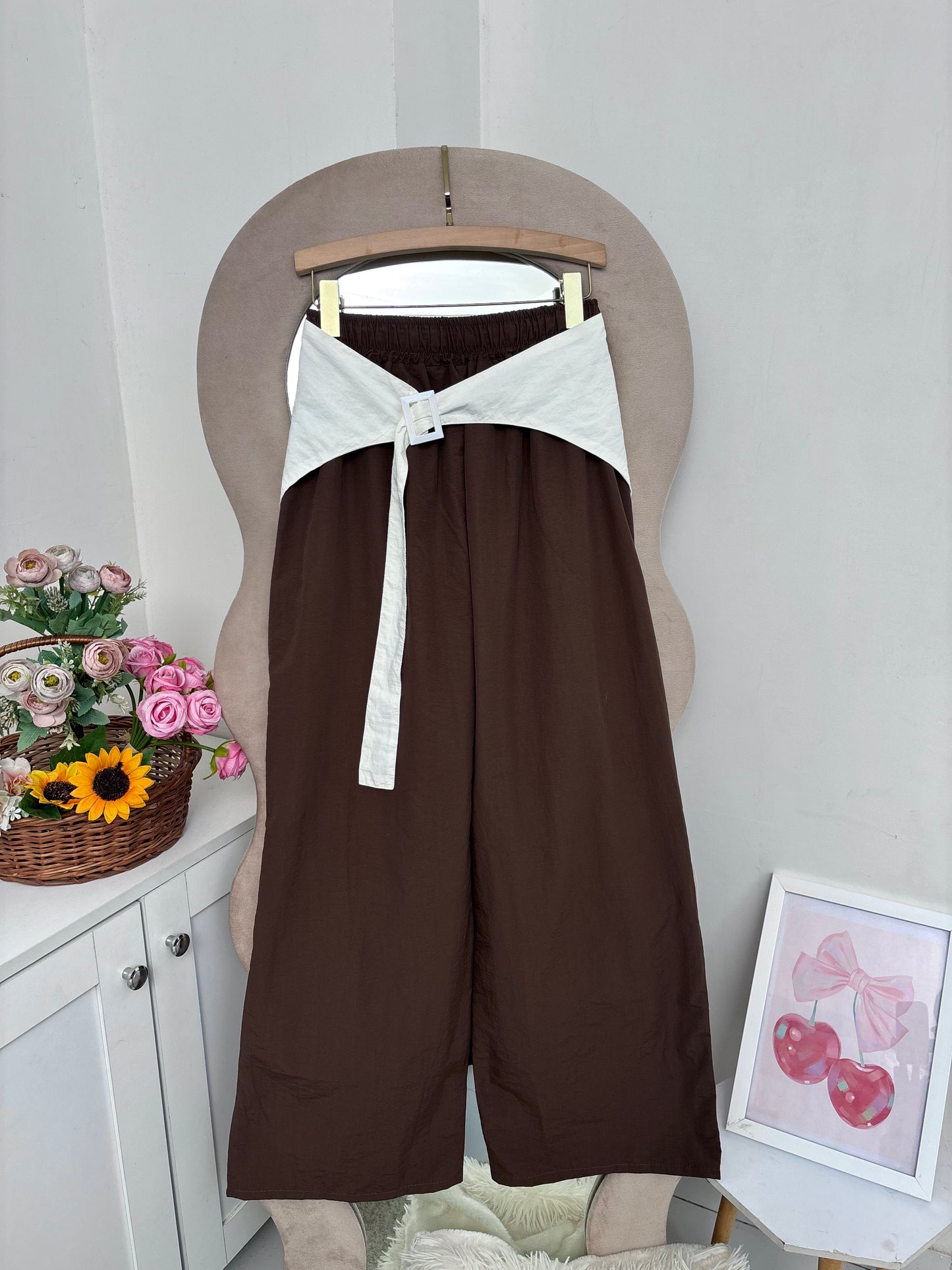 Choco Brown Wide Leg Pants With Removable Belt