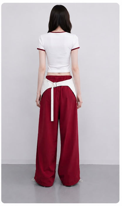 Red Wide Leg Pants With Removable Belt